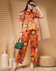 Orange Top Short Sleeves  Women Printed Top With Trouser Co Ords