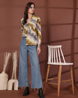 Print Mandarin Collar Puff Sleeve Cotton Top