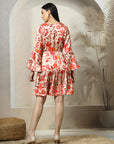 Beige Floral Printed Bell Sleeve Fit & Flare Dress