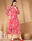 Pink Midi Round Neck Floral Print Puff Sleeve A Line Midi Dress