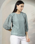 Women Sea Green Solid Round Neck Cotton Top