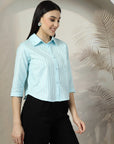 Women Blue Solid Shirt Collar 3/4th Sleeve Cotton Top