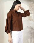 Women Brown Solid Shirt Collar Cotton Top