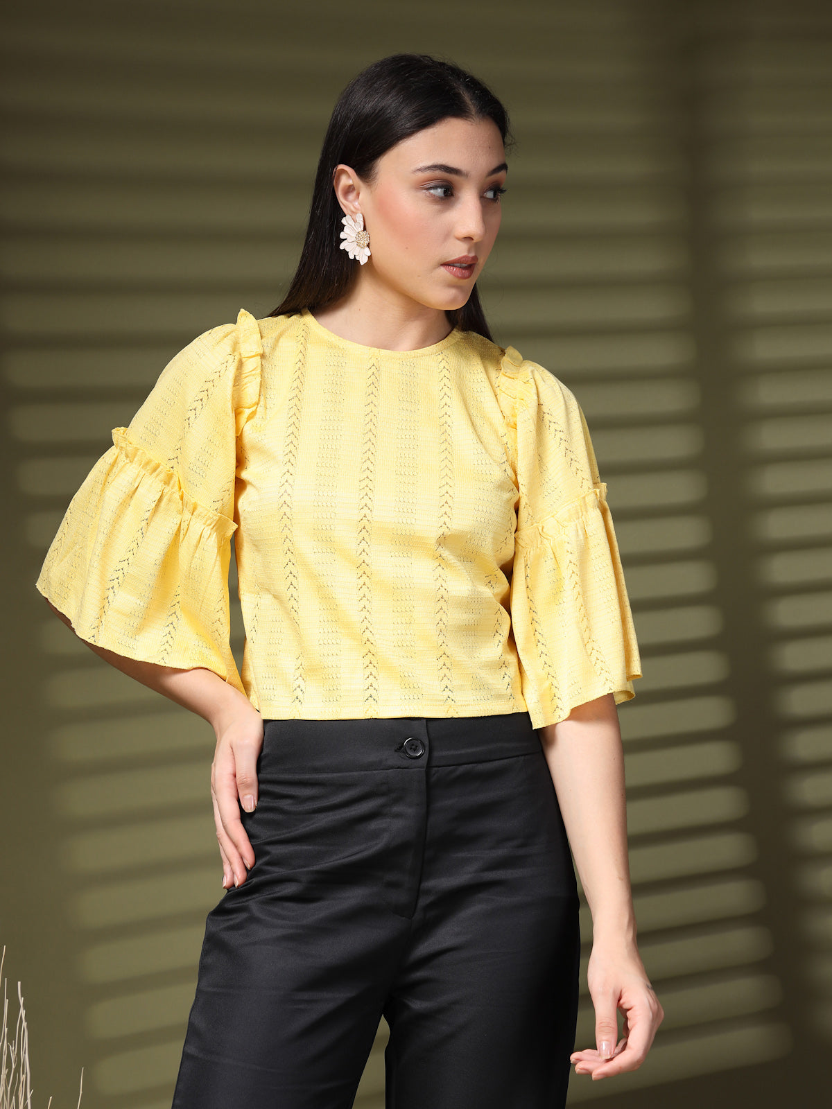 Yellow Solid Round Neck Top