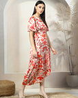 Beige Floral Print A-Line Midi Dress