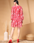 Pink Above Knee V Neck Floral Print A Line Dress