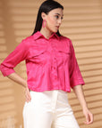 Pink Solid Shirt Collar Crop Top