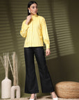 Yellow Regular Sleeves Spread Collar Women Standard Opaque Casual Buttoned Top