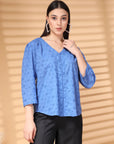 Blue Solid V Neck Cotton Top