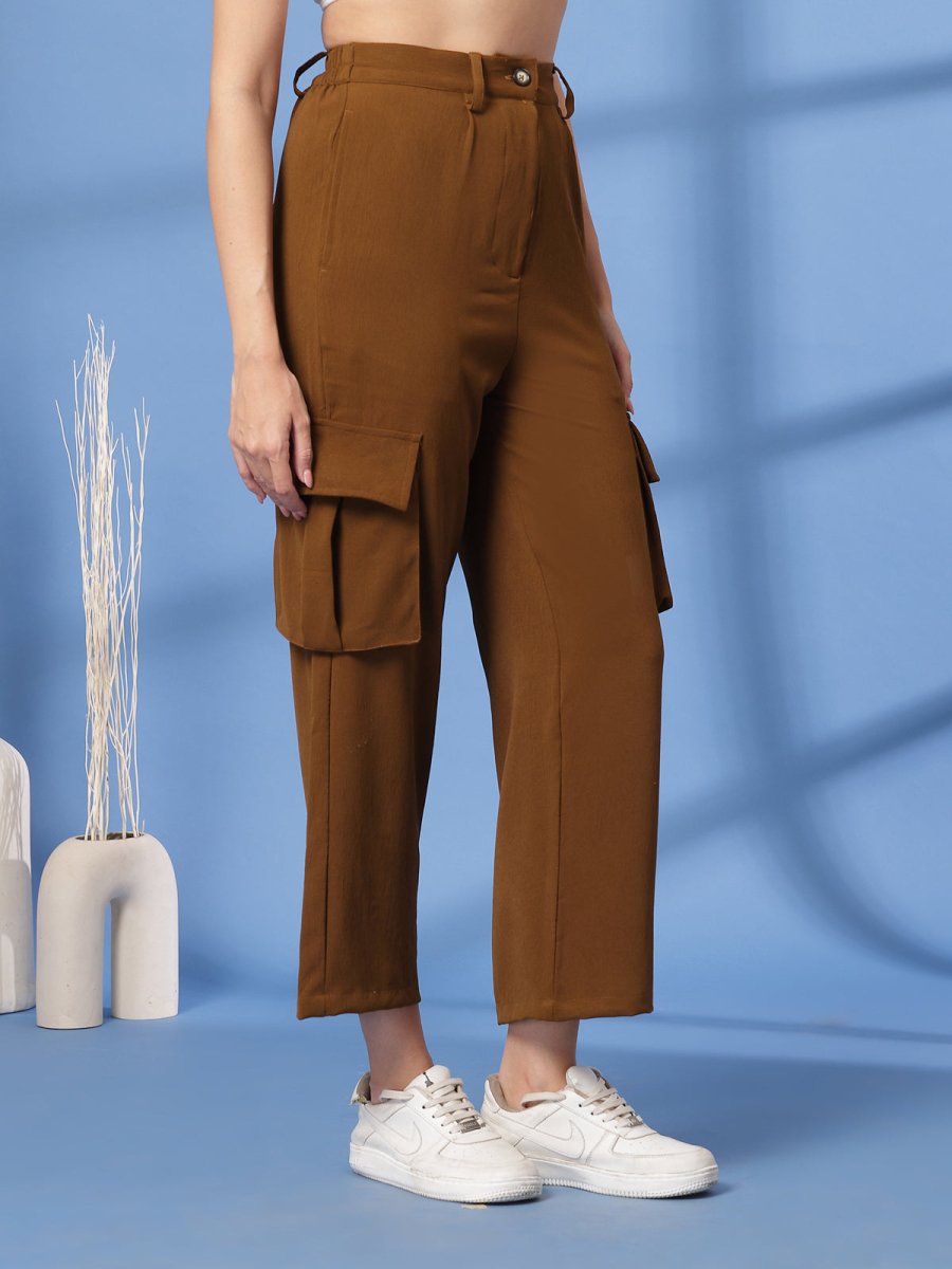 Brown Solid Pleated Trousers