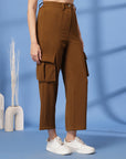 Brown Solid Pleated Trousers