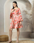 Beige Floral Printed Bell Sleeve Fit & Flare Dress