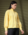 Yellow Regular Sleeves Spread Collar Women Standard Opaque Casual Buttoned Top