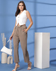 Beige Solid Pleated Trousers