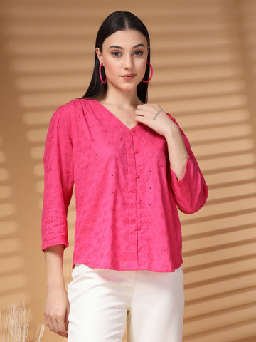 Pink Solid V Neck Cotton Top