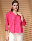 Pink Solid V Neck Cotton Top