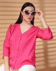 Pink Solid V Neck Cotton Top