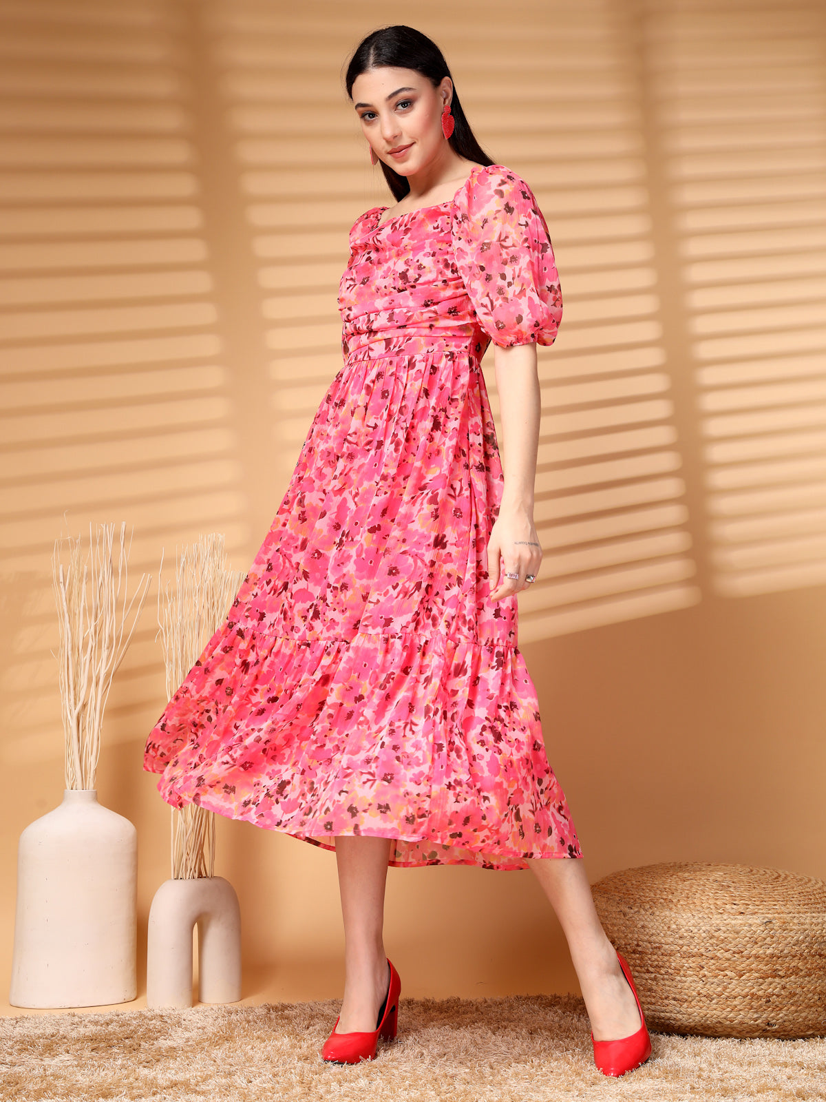 Pink Midi Square Neck Floral Print A Line Midi Dress