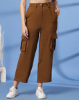 Brown Solid Pleated Trousers