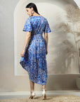 Blue Floral Printed A-Line Wrap Midi Dress