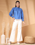 Blue Solid Round Neck Cotton Top