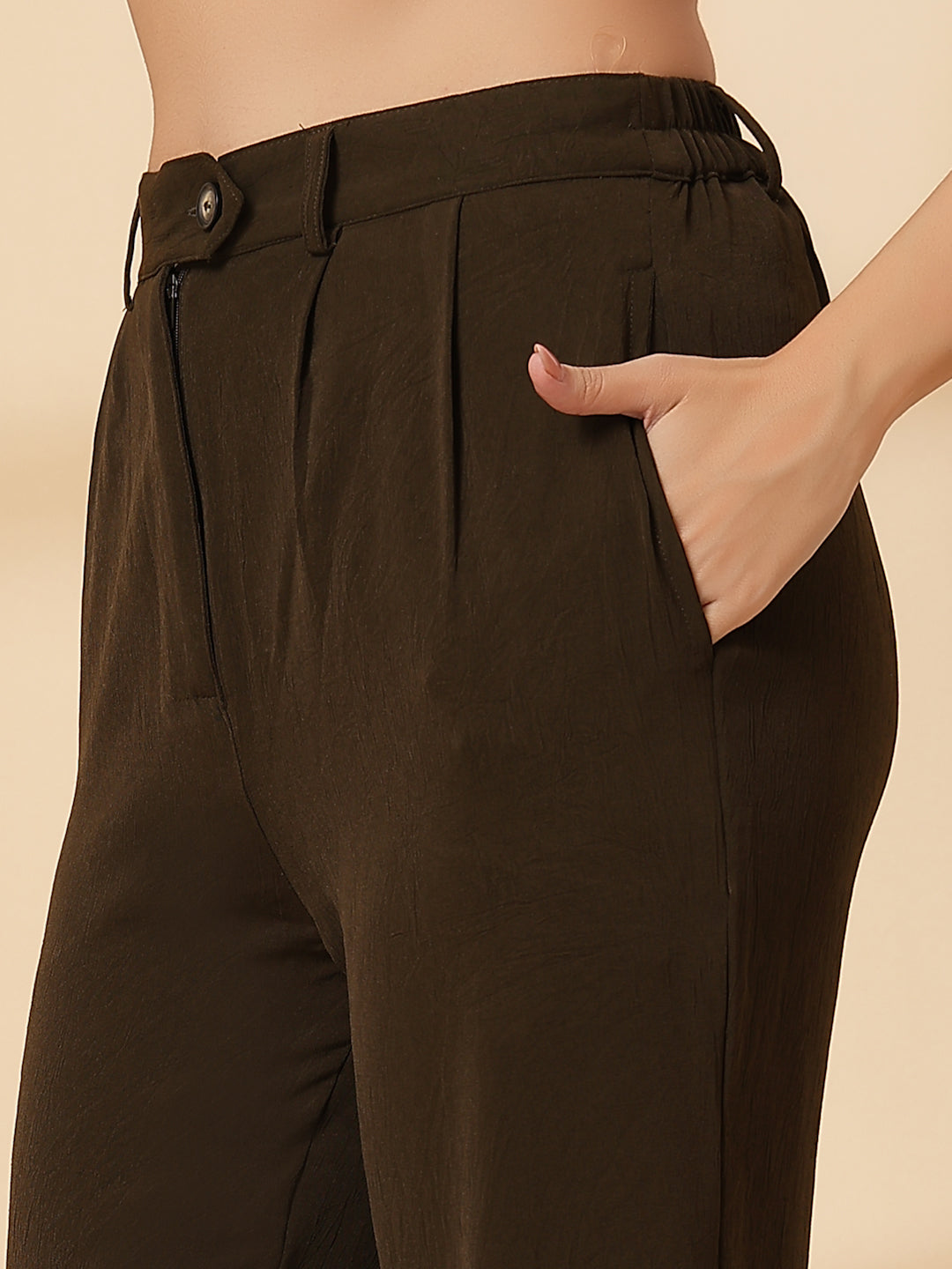 Brown Solid Pleated Trousers