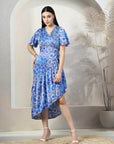 Blue Floral Printed A-Line Wrap Midi Dress