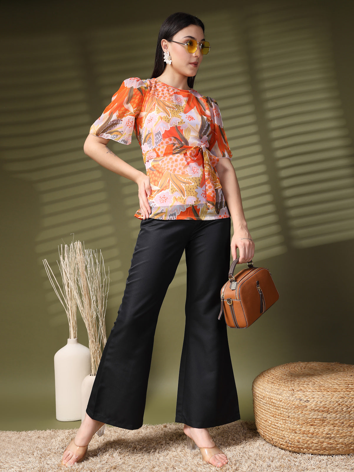 Orange Printed Round Neck Floral Print Top