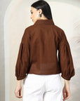 Women Brown Solid Shirt Collar Cotton Top