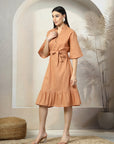 Solid Rust Flared Sleeves Belted Cotton A-Line Dress