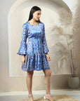 Blue Floral Printed Bell Sleeves Fit & Flare Dress