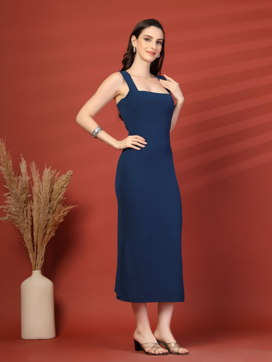 Women Sheath Midi Blue Dress