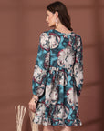 Floral Print Tie-Up Neck Puff Sleeve Fit & Flare Mini Dress