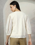Women Cream Solid Round Neck 3/4th Sleeve Cotton Top