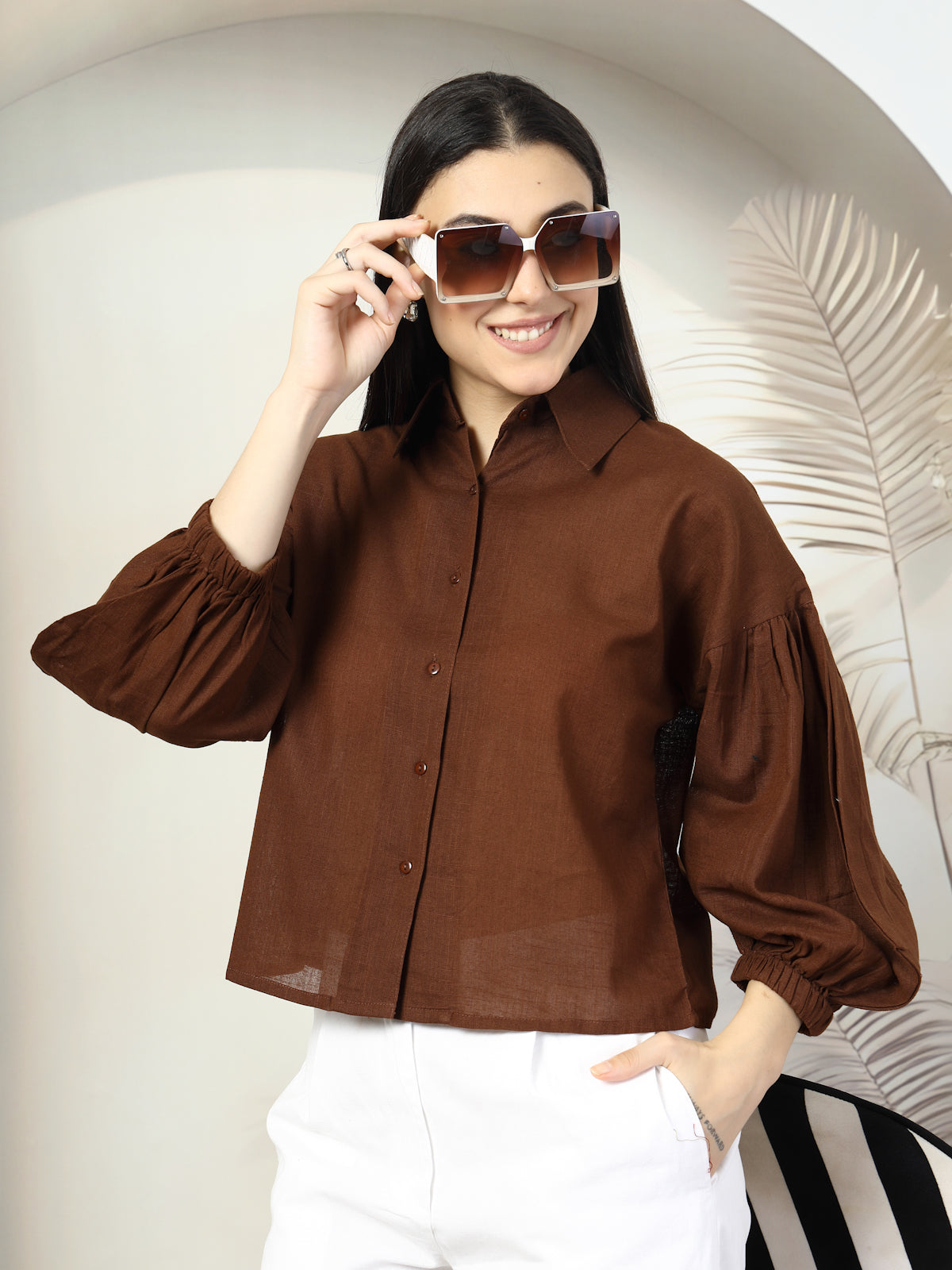 Women Brown Solid Shirt Collar Cotton Top