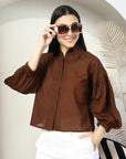 Women Brown Solid Shirt Collar Cotton Top