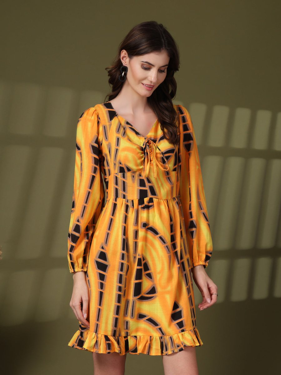 Tie and Dye Print Tie-Up Neck Puff Sleeve Fit &amp; Flare Mini Dress