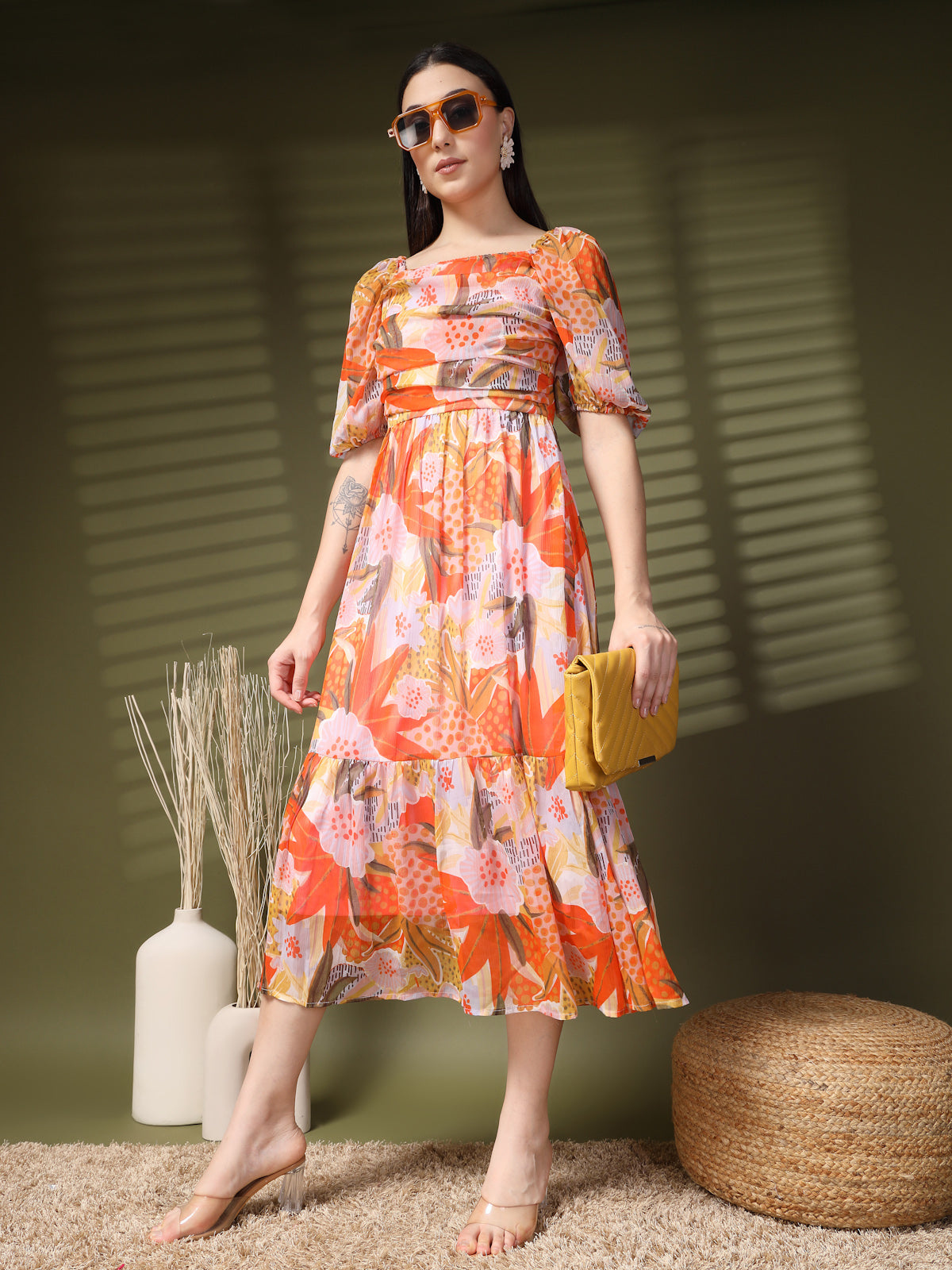 Orange Midi Square Neck Floral Print A Line Midi Dress