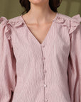 Striped Puff Sleeve Ruffles Top