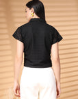 Black Solid Shirt Collar Cotton Crop Top