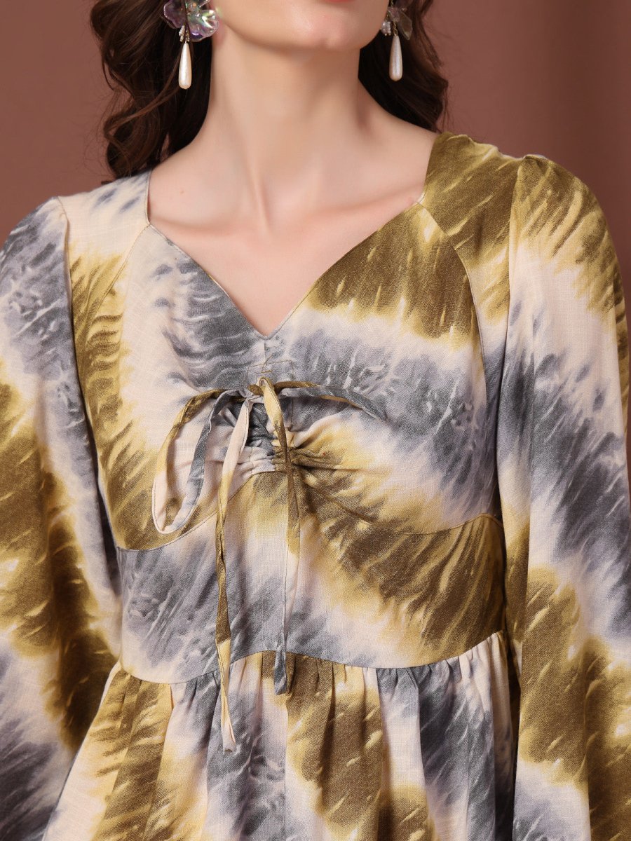 Tie and Dye Print Tie-Up Neck Puff Sleeve Fit &amp; Flare Mini Dress