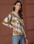 Print Mandarin Collar Puff Sleeve Cotton Top