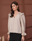 Striped Puff Sleeve Ruffles Top