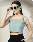 Women Sea Green Solid Square Neck Sleeveless Cotton Top