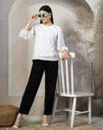 Women White Solid Round Neck 3/4th Sleeve Cotton Top