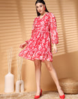 Pink Above Knee V Neck Floral Print A Line Dress