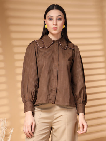 Brown Regular Sleeves Above the Keyboard Collar Women Standard Opaque Casual Shirt