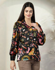 Black floral printed opaque Casual Buttoned Top