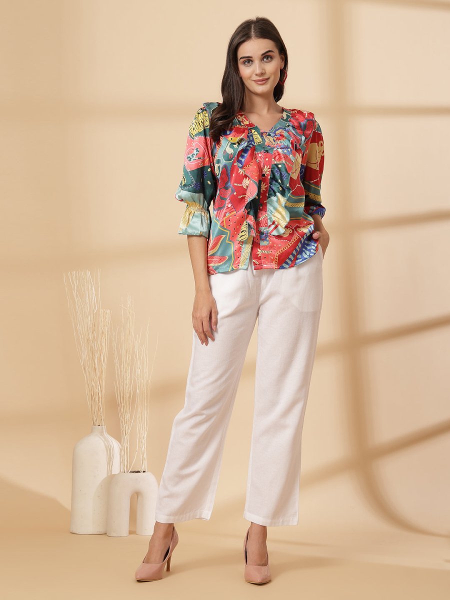 Multi Floral Print Bell Sleeve Top