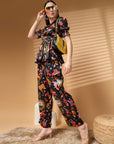 Black Top Short Sleeves  Printed Top & Trouser Co Ords